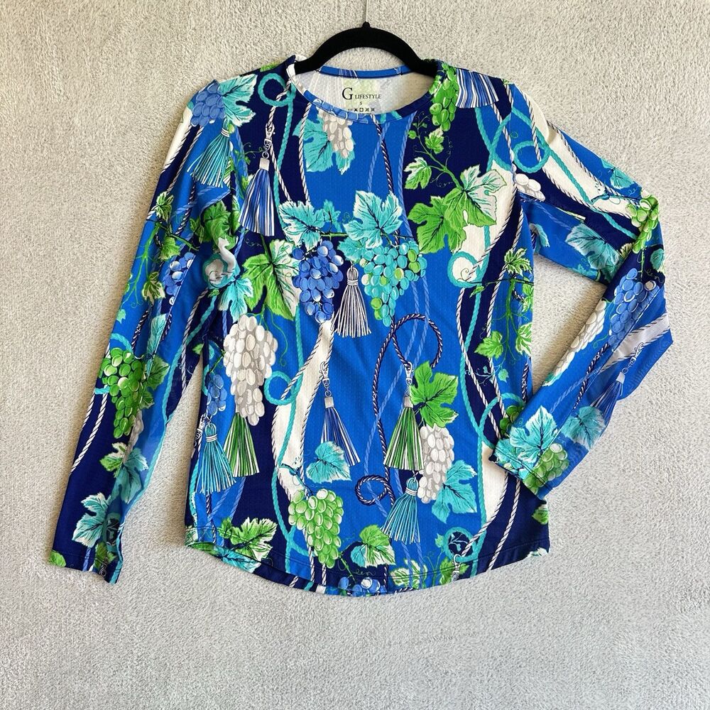 G Lifestyle Golf Top Womens S Tuscan Tassels Grape Vine Print Pullover Mesh UPF